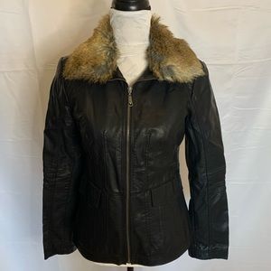 Jessica Simpson faux leather zip up jacket faux fur neck size small